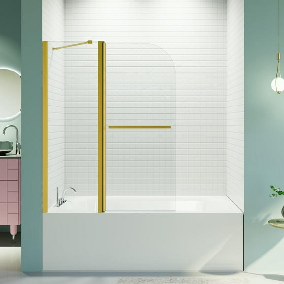 Barara King Tub Shower Door, Shower Door,Frameless Folding Shower Doors for Bathtub, Bathroom Pivot Tub Glass Door, Brushed Gold