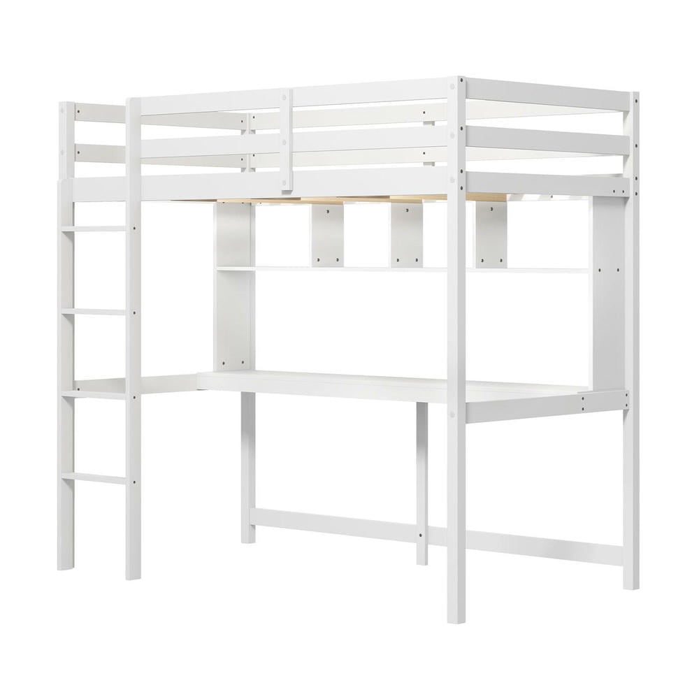 Barara King Twin Size Bedroom Bed Frame with Desk and Shelves, Bed Platform Frame for Home Dorm, Apartment, No Box Spring Needed, White