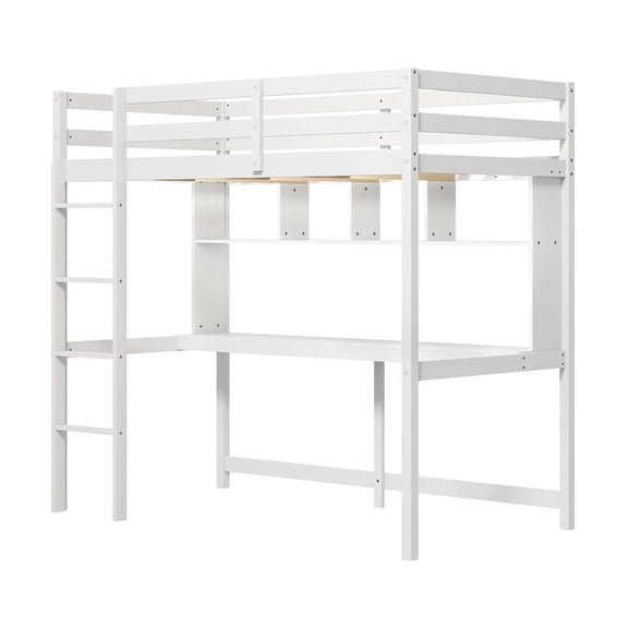 Barara King Twin Size Bedroom Bed Frame with Desk and Shelves, Bed Platform Frame for Home Dorm, Apartment, No Box Spring Needed, White