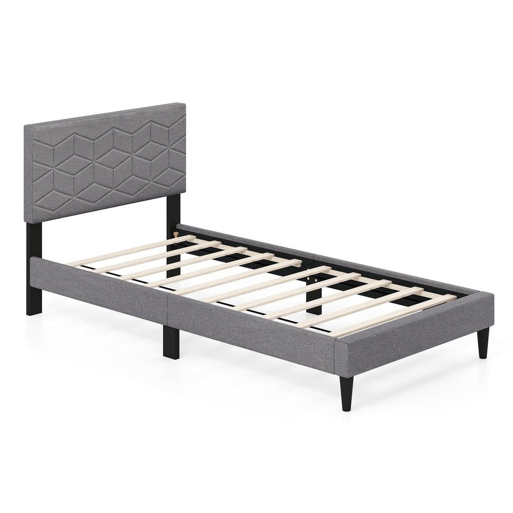 Barara King Twin Size Bedroom Bed Frame with Linen Fabric Upholstered Headboard, Bed Platform Frame for Apartment, Bedroom, Gray