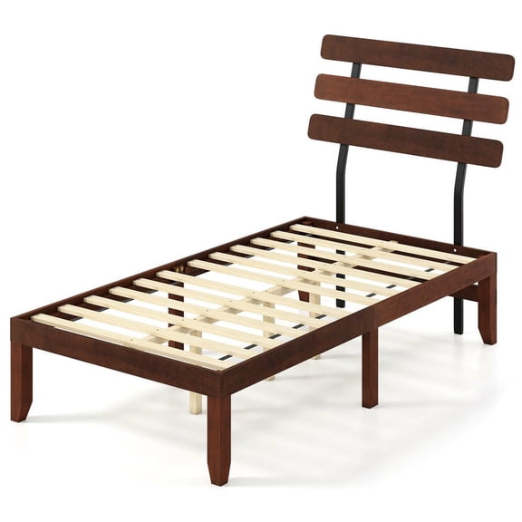 Barara King Twin Size Bedroom Bed Frame with Retro Headboard, 15.5 Inch Solid Wood Bed Platform Frame for Bedroom, Apartment, Walnut