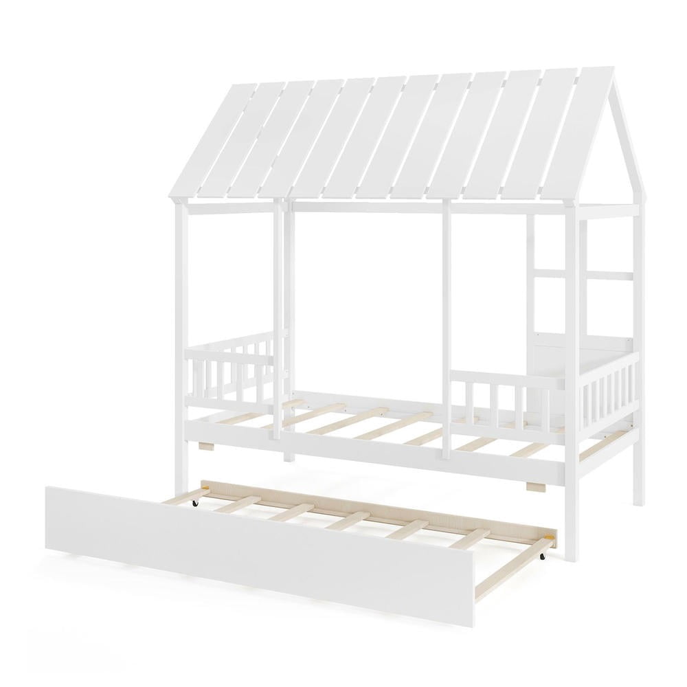 Barara King Twin Size Bedroom Trundle Bed Frame with Roof Window, Bed Platform Frame for Bedroom, Apartment, White