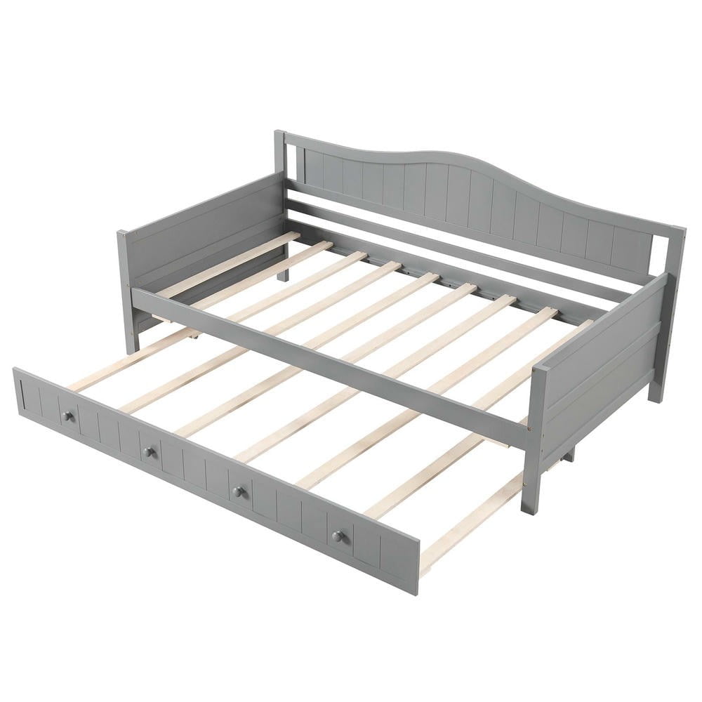 Barara King Twin Size Bedroom Trundle Bed Frame with Trundle and Slats Support on Wheels, Bed Platform Frame for Bedroom, Apartment, Gray