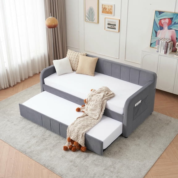 Barara King Twin Size Convertible Daybed with Storage Trundle, Upholstered Sleeper Sofa Frame with Reinforced Wood Support, Gray
