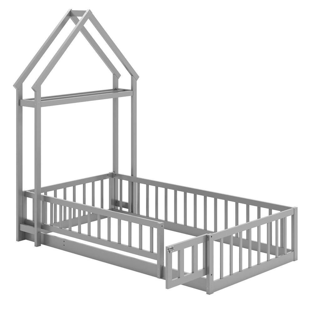 Barara King Twin Size Bedroom Bed Floor Frame with House-shaped Headboard, Bed Platform Frame for Apartment, Bedroom, Gray