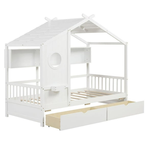 Barara King Twin Size House Bed with 2 Storage Drawers and Fence Guardrails-White