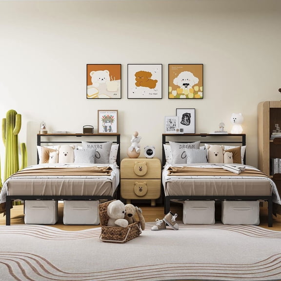 Barara King Twin Size Industrial Platform Bed Frame with Wood Headboard, Built in Storage Shelves and LED Lights, Durable Steel Slat Support, Easy Assembly No Box Spring Bed, Black