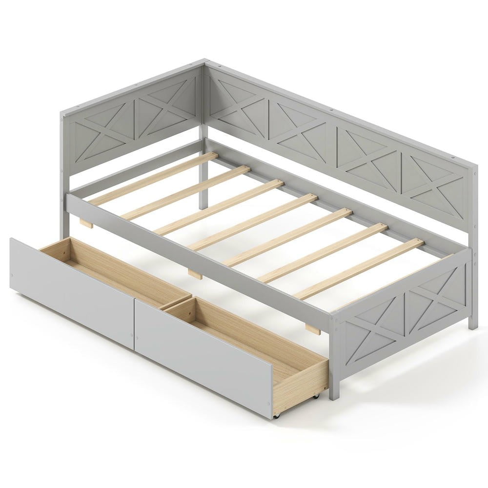 Barara King Twin Size Bedroom Trundle Bed Frame with 2 Storage Drawers and No Box Spring Needed, Bed Platform Frame for Bedroom, Apartment, Gray