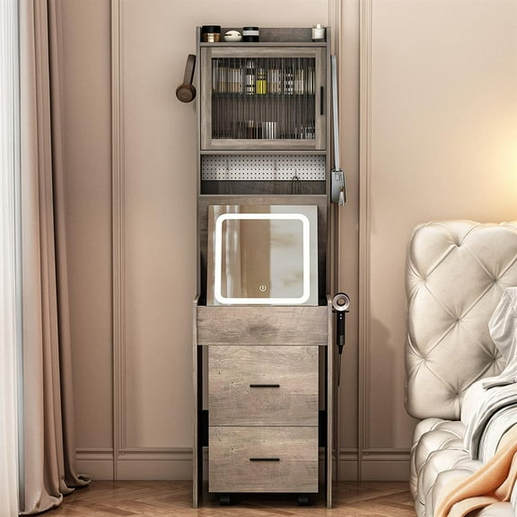 Barara King Vanity Table and Chair Set,Small Vanity Desk with Mirror and LED Lights, Makeup Table with Charging Station and Storage Shelves,Gray