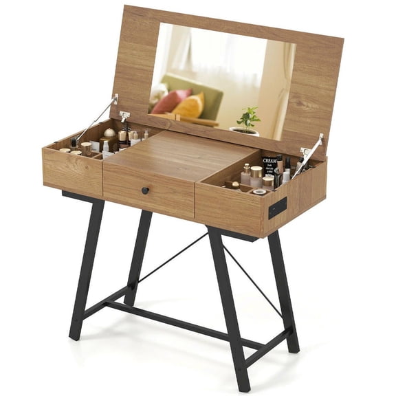 Barara King Vanity Table with Flip Top Mirror, Makeup Dressing Table for Bedroom, Living Room, Guest Room, Rustic Brown