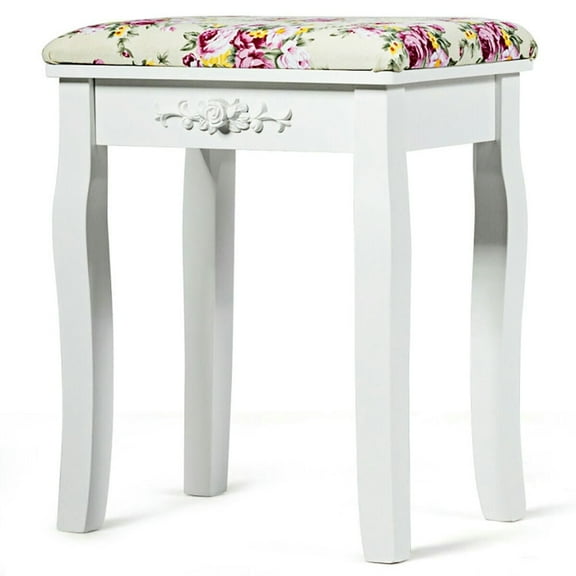 Barara King Vanity Wood Dressing Stool Padded Piano Seat with Rose Cushion-White