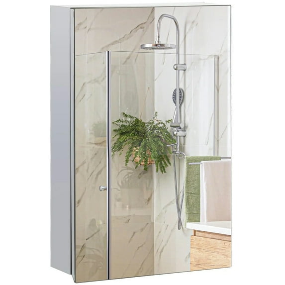 Barara King Wall Mounted Bathroom Medicine Cabinet Mirrored Cabinet with Hinged Door 3-Tier Storage Shelves Silver