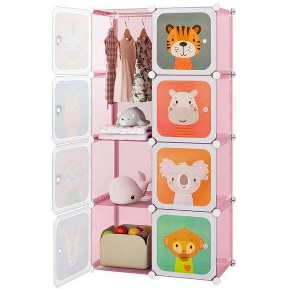 Barara King Wardrobe Closet Clothes Organizer,8-Cube Kids Wardrobe Closet with Clothes Hanging Section and Doors-Pink