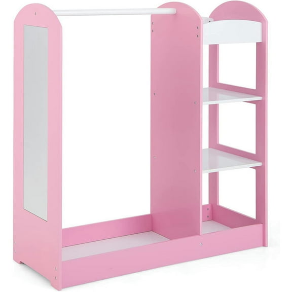 Barara King Wardrobe Closet Clothes Organizer,Kids Dress Up Storage with Mirror-Pink