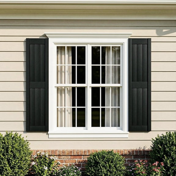 Barara King Window Shutters with Premium Board and Batten, Plantation Shutters with Fluted Vertical Lines and Easy Mount for Farmhouse, Home Office, Living Room, Bedroom, Black(14"*47")