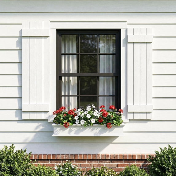 Barara King Window Shutters with Premium Board and Batten, Plantation Shutters with Two Horizontal Rails and Easy Mount for Farmhouse, Home Office, Living Room, Bedroom, White(14"*43")