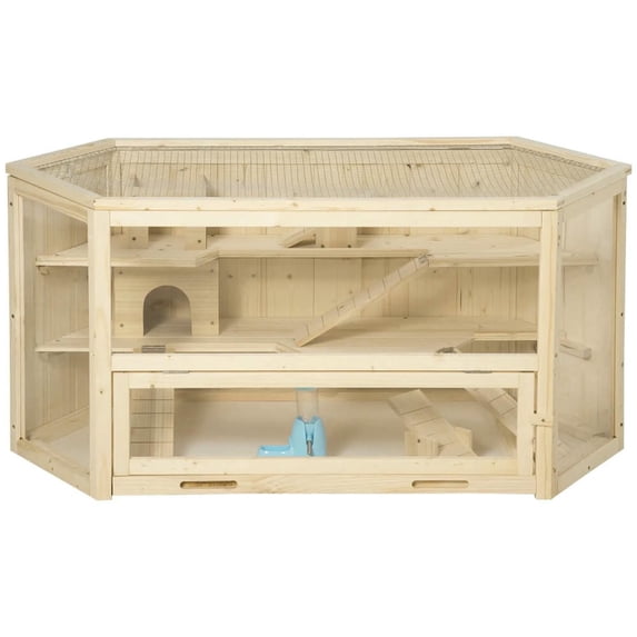 Barara King Wooden Large Hamster Cage Small Animal Exercise Play House 3 Tier with Tray, Water Bottle, Natural