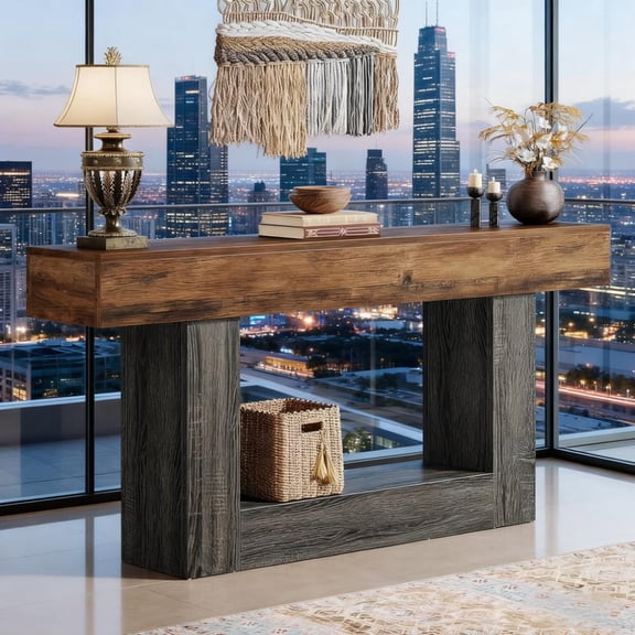 Barara King Wooden Sofa Table, Narrow Console Table Behind Couch, Long Rectangular Living Room Table, Blue & Gray