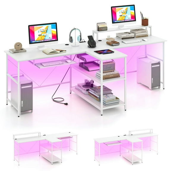 Barara King Writing Desk,Writing Workstation, 2-Person Reversible Computer Desk Long Office Desk with LED Lights-White