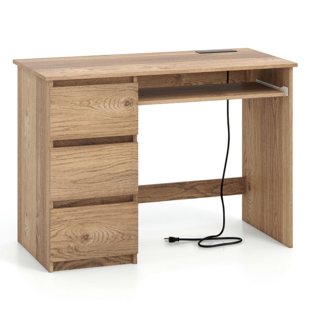 Barara King Writing Desk,Writing Workstation, Computer Desk with Power Outlet Keyboard Tray and 3 Large Drawers-Natural