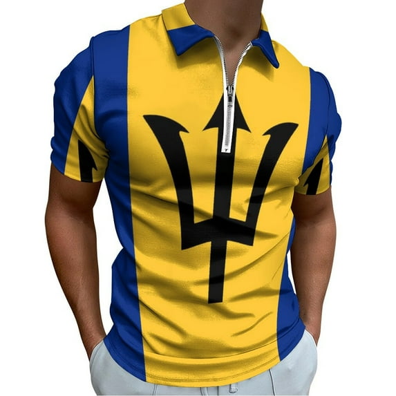Barbados National Flag Men Zipper T-shirt Summer Casual Short Sleeve T-shirt Top