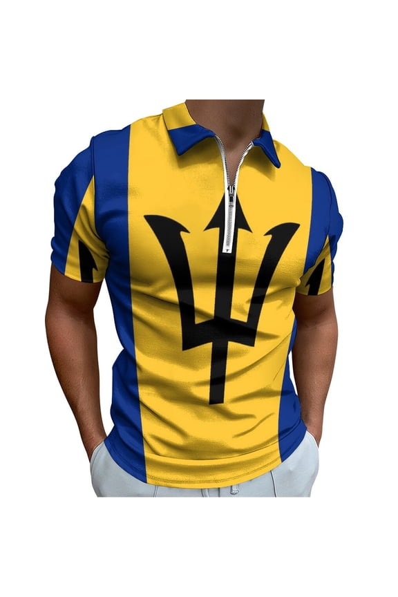 Barbados National Flag Men Zipper T-shirt Summer Casual Short Sleeve T-shirt Top