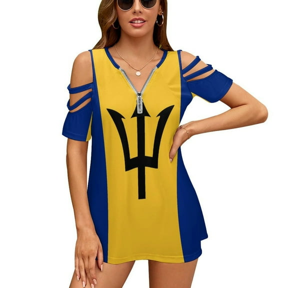 Barbados National Flag Womens Summer V Neck Zipper Top Short Sleeve T Shirt Off Shoulder Top Casual Classy Loose Shirts