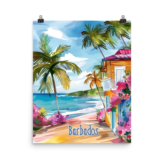 Barbados Print, Caribbean Island Coastal Art, Tropical Beach Poster, Paradise Wall Decor, Exotic Seascape Travel Inspired Artwork Home Decor #3983, Stretched Canvas Size 8x12