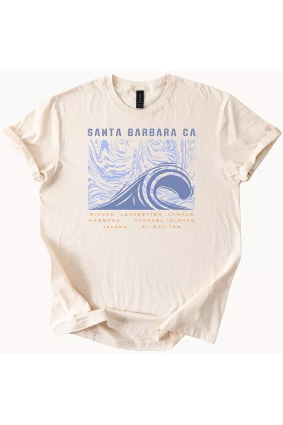 Barbara Calinia Surf Wave Graphic Tee Coastal Beach Towns Shirt Size S-5Xl Heygategoo Tee