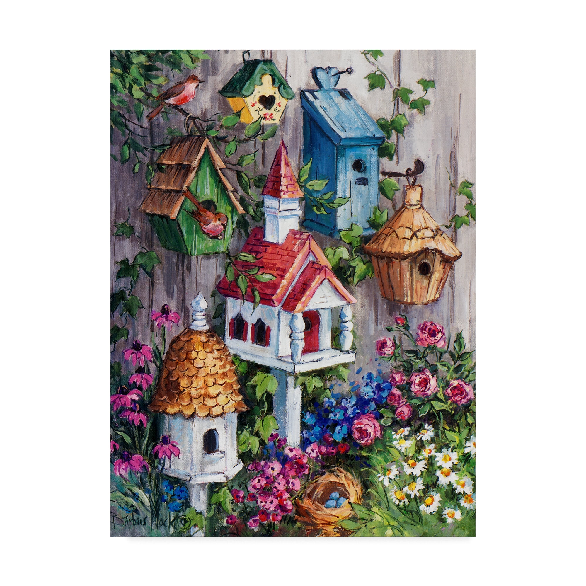 Colorful Birdhouses and Flowers Canvas Art in 14x19