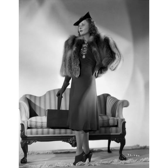 Barbara Stanwyck posed in Portrait wearing Elegant Dress and Furry Coat Photo Print (24 x 30)