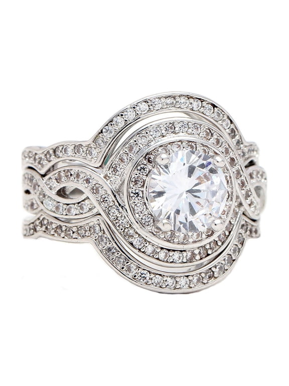 Barbara Wedding Ring Set for Women Halo 3pc Engagement Matching Bands Ginger Lyne Collection