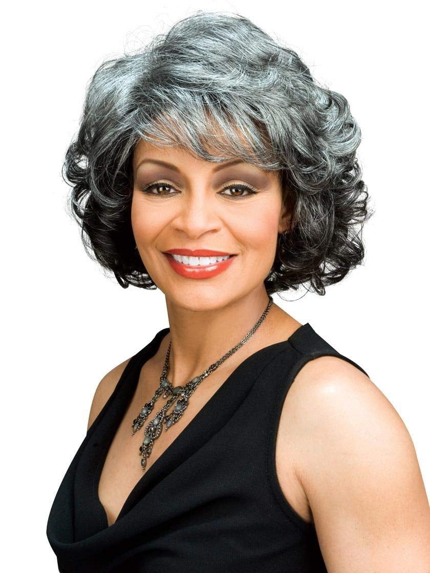 Barbara Wig Color 1 Black - Foxy Silver Wigs Curly Shag Wispy Bangs Synthetic Medium Length African American Women's Machine Wefted Lightweight Average Cap