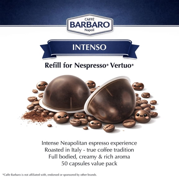Barbaro Caff Napoli Refill for Nespresso Vertuo Capsules Miscela Intenso 50 Coffee Capsules Strong Neapolitan Espresso Blend Full-Bodied, Creamy & Rich Aroma Italian Roasted Coffee