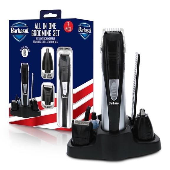 Barbasol 7-Piece All-in-One Beard Grooming Kit for Men with Foil Shaver, Nose & Ear Trimmer, Battery-Powered