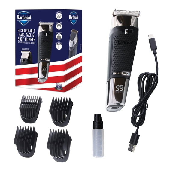 Barbasol Rechargeable Hair, Beard & Body Trimmer for Men, Ceramic Blades, Turbo Power, LCD Display, Cordless Grooming Kit with 4 Comb Guards