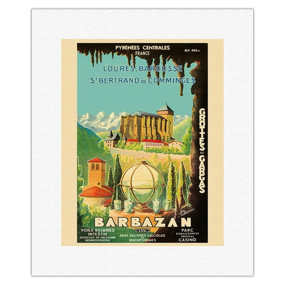 Barbazan - Central Pyrenees France - Cathedrale Sainte-Marie - Grottes De Gargas (Caves of Gargas) - Vintage Travel Poster by P. Seignouret c.1935 - Fine Art Rolled Canvas Print 11in x 14in