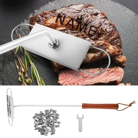 Barbecue Branding Iron with Heat Resistant Wood Handle Potable BBQ Branding Iron Set Includes Changeable 55 Letters and 8 Spaces Reusable Meat Branding Iron for Barbecue