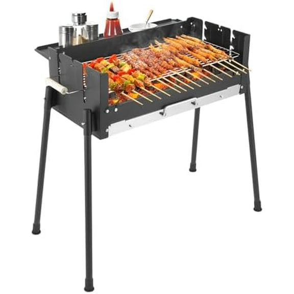Barbecue Charcoal Grill, Stainless Steel Folding Portable BBQ Tool Kits for Outdoor Cooking, Camping, Picnics, Tailgating, Height Adjustable & Detachable Design