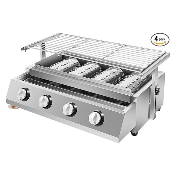 Barbecue Grill, 4 Burner Gas Countertop Griddle Stainless Steel LPG Gas Grill Patio Garden Barbecue Grill Adjustable Height Gas BBQ Grill with Removable Grill Net for Camping Picnics