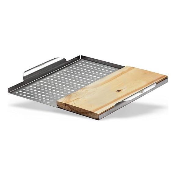 Barbecue Grill Accessory 70026 - Stainless Steel Multi-Functional Topper with Cedar Plank, Premium Stainless Steel, Cedar Grilling Plank, Two Surfaces for Cooking