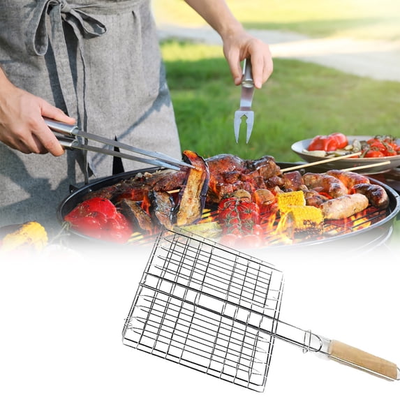 Barbecue Grill Clip under $5! Yrmaups Stainless Steel Barbecue Clip, Outdoor Grilling Tongs with Wooden Handle, Square Barbecue Net Grill, Fish Meat Bread Grill Clip, BBQ Cooking Tool
