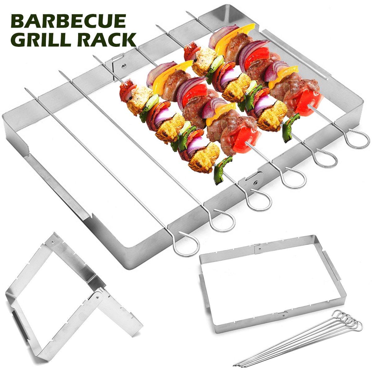 Barbecue Skewer Shish Kabob Set，Foldable Stainless Steel Grill Rack Set with 6 pcs Skewers for Party and Home - image 1 of 8