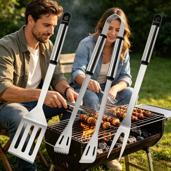 Barbecue Tool Set Grill Tongs Fork Spatula, Heavy Duty BBQ Accessories Outdoor Cooking Utensils, Easy Grip Grilling Kit for Backyard Cookouts Camping Picnics Tailgating
