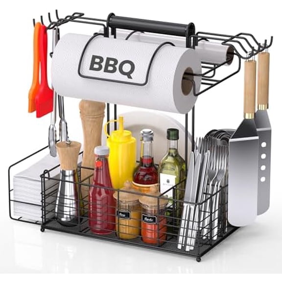 Barbecue Tool Sets Storage Organizer - Grill Caddy for Outdoor Grill with 2 Paper Towel Holders, BBQ Caddy for Outdoor Grill with 9 Compartments & 8 Hooks, BBQ Accessories for Kitchen$$Garden & Patio