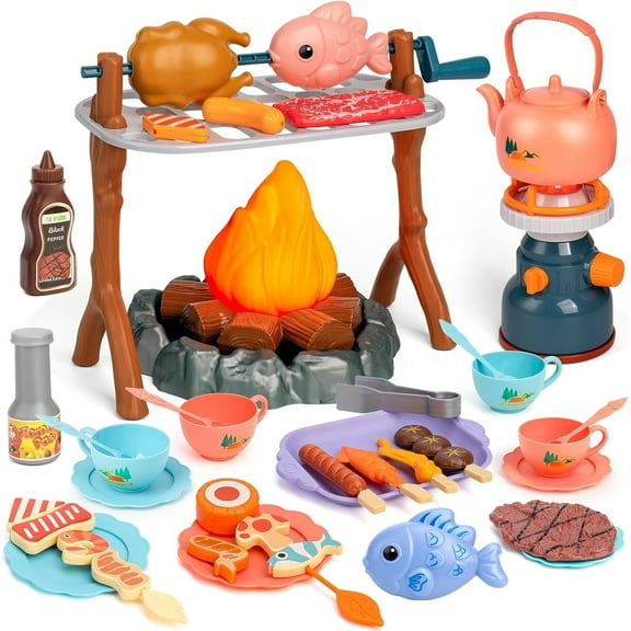 Kids Camping Toys, 45PCS BBQ Grill Toys Set for Kids, Pretend Play Campfire Toy Set, Pretend Play with Campfire, Educational Outdoor Camping Toys Indoor&Outdoor for Toddlers Girls and Boys Ages 3-12