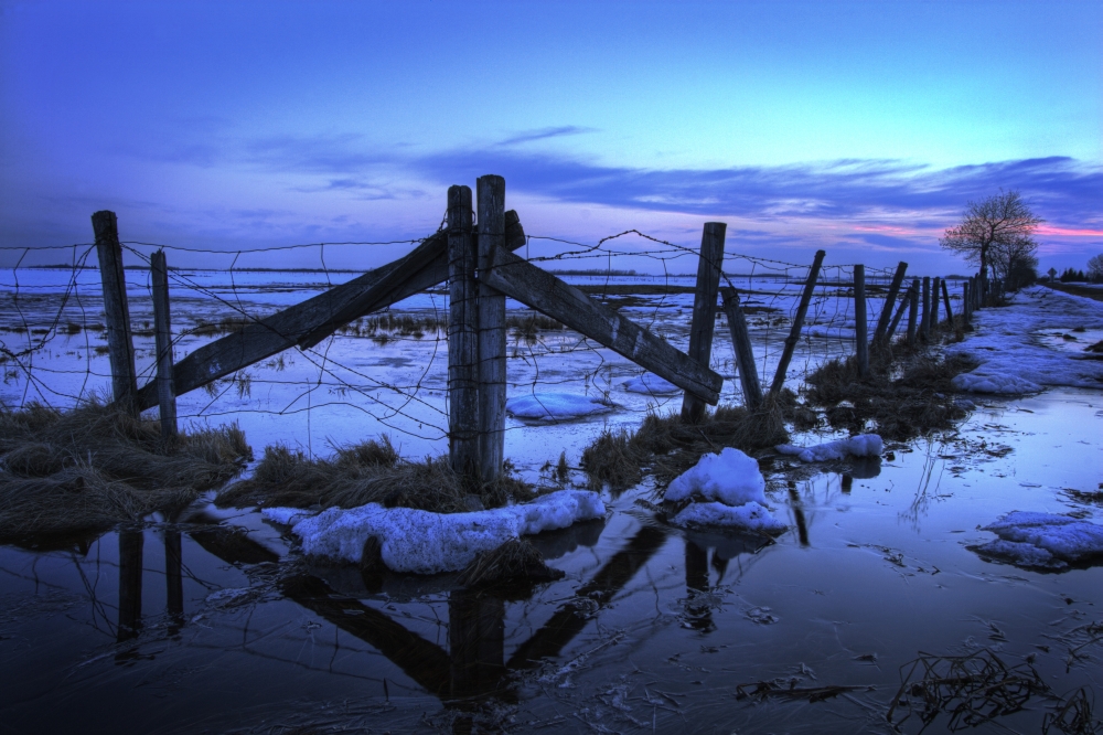 Barbed Wire Fence In Melting Snow Bon Accord Alberta Canvas Art - Dan Jurak  Design Pics (34 x 22)