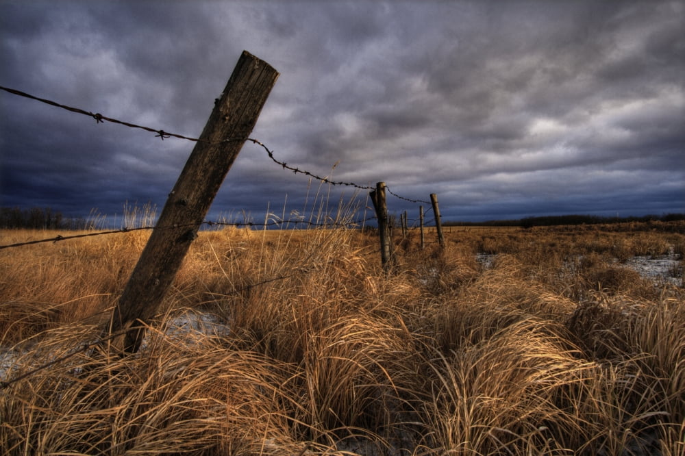 Barbed Wire Fence Posts With Dark Sky In Background Alberta Canvas Art - Dan Jurak Design Pics (34 x 22)