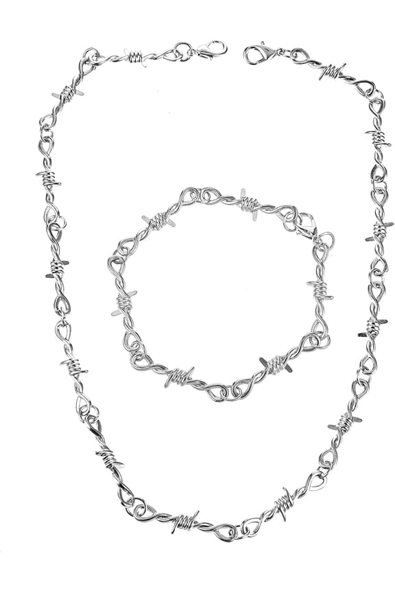 Barbed Wire Necklace and Bracelet Set Punk Thorns Barbed Wire Choker Silver Metal Grunge Jewelry Barb Wire Necklace Hiphop Rock Goth Chain for Men Women Y2k Daily Versatile Fashion(Silver)