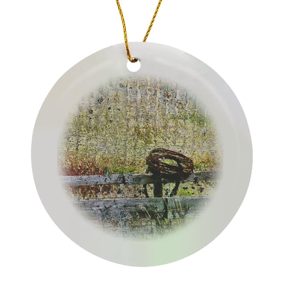 3drose, Barbed Wire on a Rural Fence Digital Art, Circle Porcelain Ornament